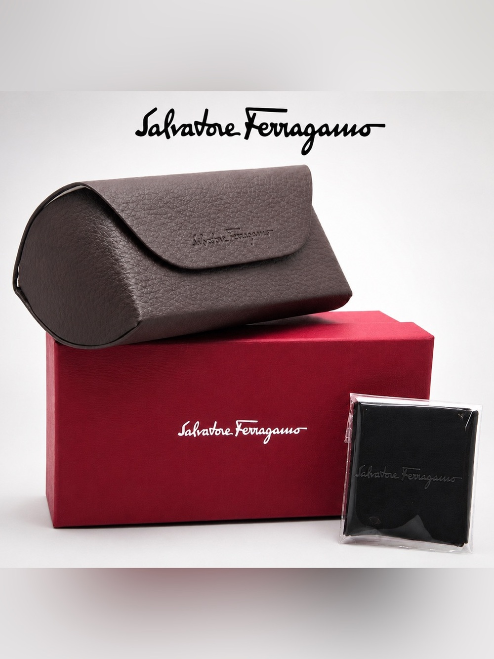Salvatore Ferragamo Brown Leather Eyeglasses Case w/ Box & Cleaning Cloth